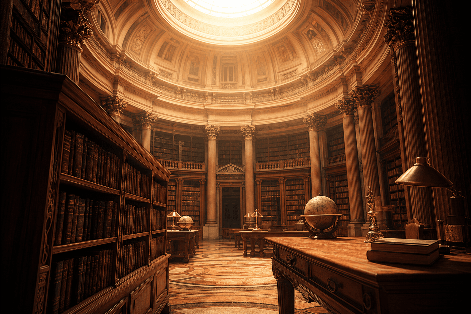 A grand, classical library illuminated by timeless skylights...
